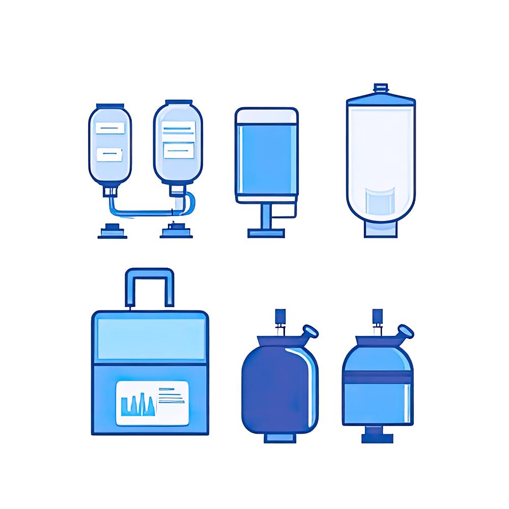 Illustration of six medical IV bags and infusion containers by Caan Services Boiler Specialists.
