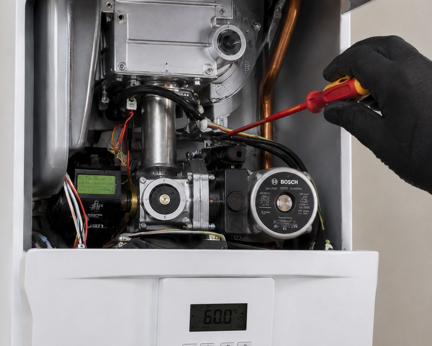 Heating engineer inspecting the internal components of a gas boiler during a central heating service
